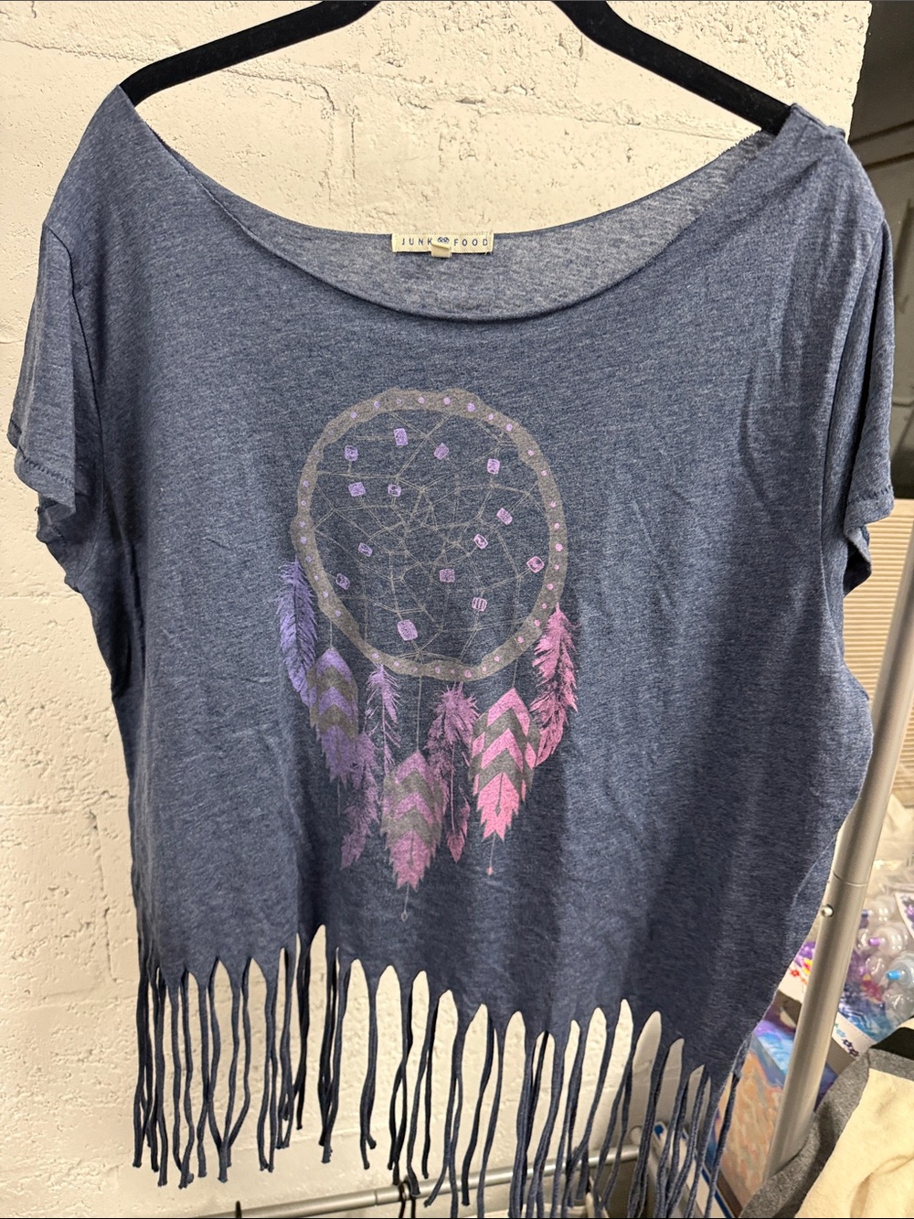 Junk Food Clothing Navy Dreamcatcher Fringe Crop Top with Pink & Purple Accents